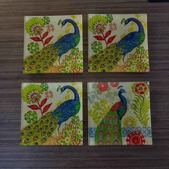 Prima Design Other - 🦚 Prima Designs Jennifer Brinley Art Glass Peacock Square Trays Set of 4 Vintage